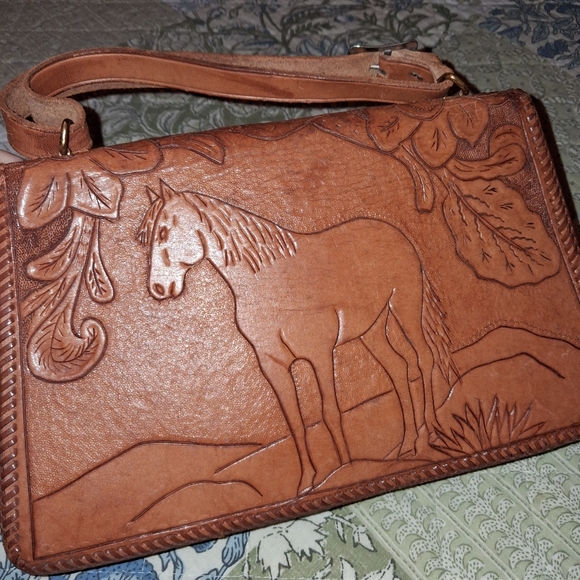 VINTAGE EMBOSSED LEATHER FLORAL WESTERN HORSE PRINT HANDBAG - Picture 2 of 4